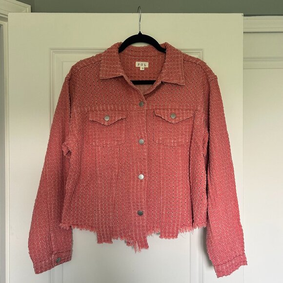 NWT POL Pink Vintage Washed Textured Woven Twill Jacket Raw Edge Size Small - Picture 2 of 5